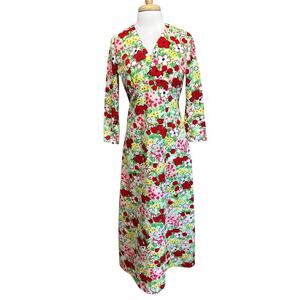Vintage 60s/70s Empire Waist Ditzy Neon Flower Power Hostess Maxi Dress
